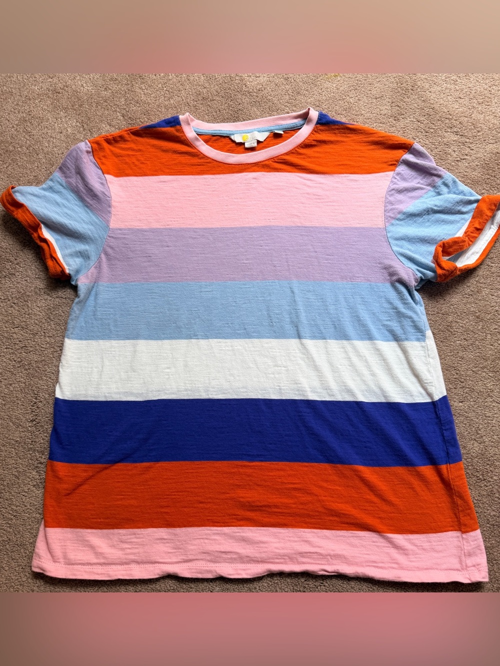 Boden Bold Multi-Stripe Short Sleeve Tee Orange, Pink, Blue Sz Medium